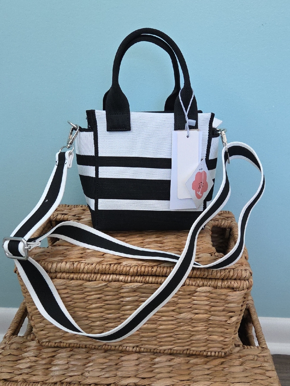 Black & White Striped Mini Tote Bag with Adjustable Strap